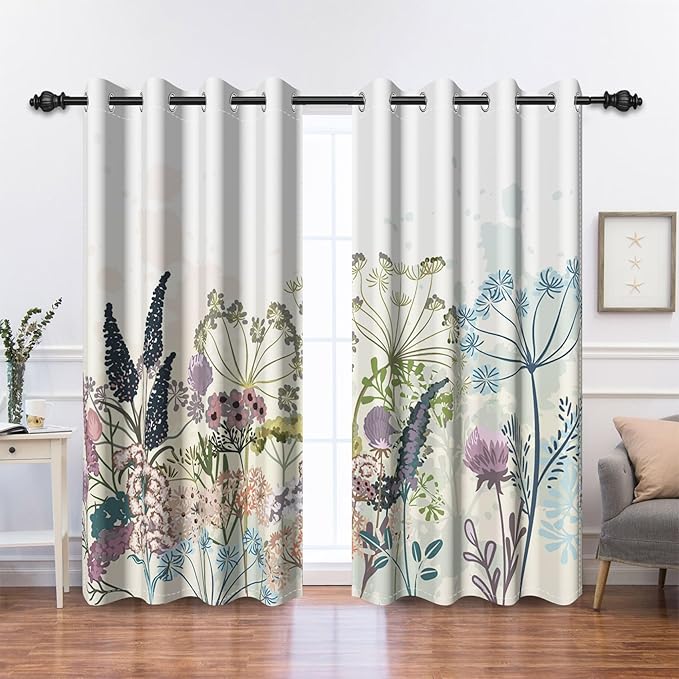 Renaiss Wildflowers Blackout Curtains Vintage Botanical Floral Plant Thermal Insulated Window Drapes for Bedroom 29W x 45L inches 2 Panel Set Window Curtain Panels for Kitchen