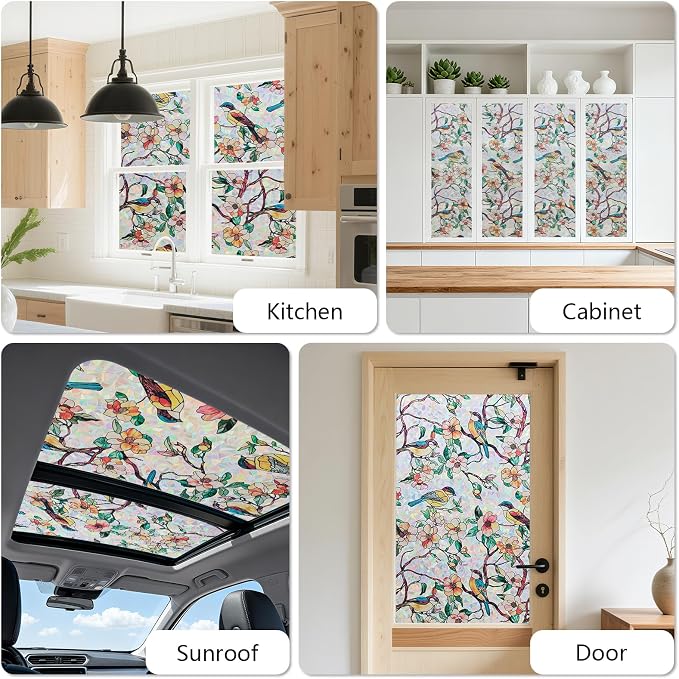 Kromapolis Window Privacy Film, Stained Glass Sticker Floral Window Clings, Decorative Static Clings UV Blocking Colorful Decals, Removable Vinyl Covering Rainbow Camellia, 35.4'' x 157.4''