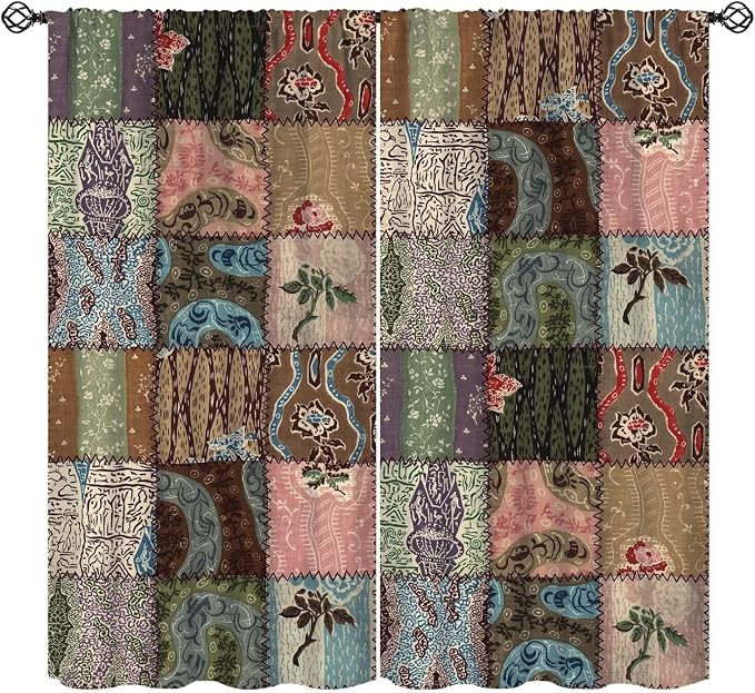 Boho Floral Patchwork Blackout Curtains Pieced Patchwork Plaid Design Farmhouse Green Green Print Window Drapes for Bedroom Living Room Kitchen Cafe （W21xL45 Inch） x2 Panels