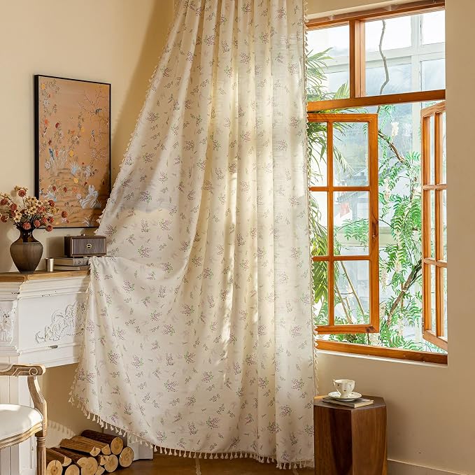 OYX Purple Floral Curtains 96 Inch Length Linen Farmhouse Curtain Rod Pocket Drapes for Living Room Bedroom Light Filtering Vintage Curtains, 2 Panels, 52Wx96L