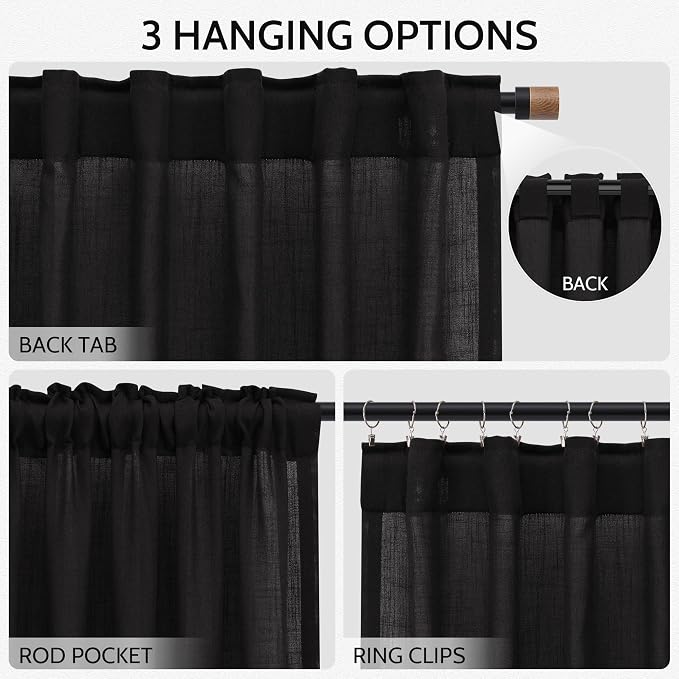 Vintage Black Linen Curtains for Living Room 72 Inches Long Light Filtering Semi Sheer Curtain Back Tab and Rod Pocket Privacy Luxury Gothic Vintage Decor Drapes for Bedroom Office 52x72, 2 Panels
