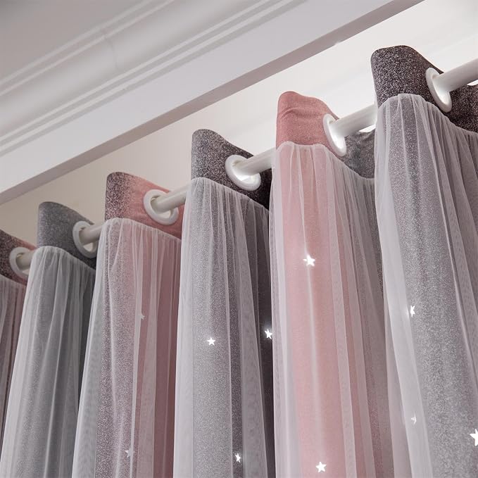 Pink Gray Blackout Curtains 96 inches Long for Kids Rooms 2 Panels, Privacy Light Filtering Drapes, Thick Grommet Nursery Star Princess Cute Curtains for Glass Door Bedroom