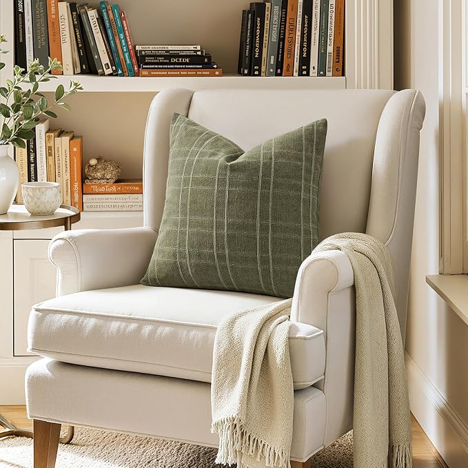 MIULEE Decorative Linen Check Throw Pillow Covers Neutral Farmhouse Vintage Spring Pillow Covers 18x18 Set of 2 Boho Modern Home Decor for Sofa Couch Bedroom Cushion Sage Green