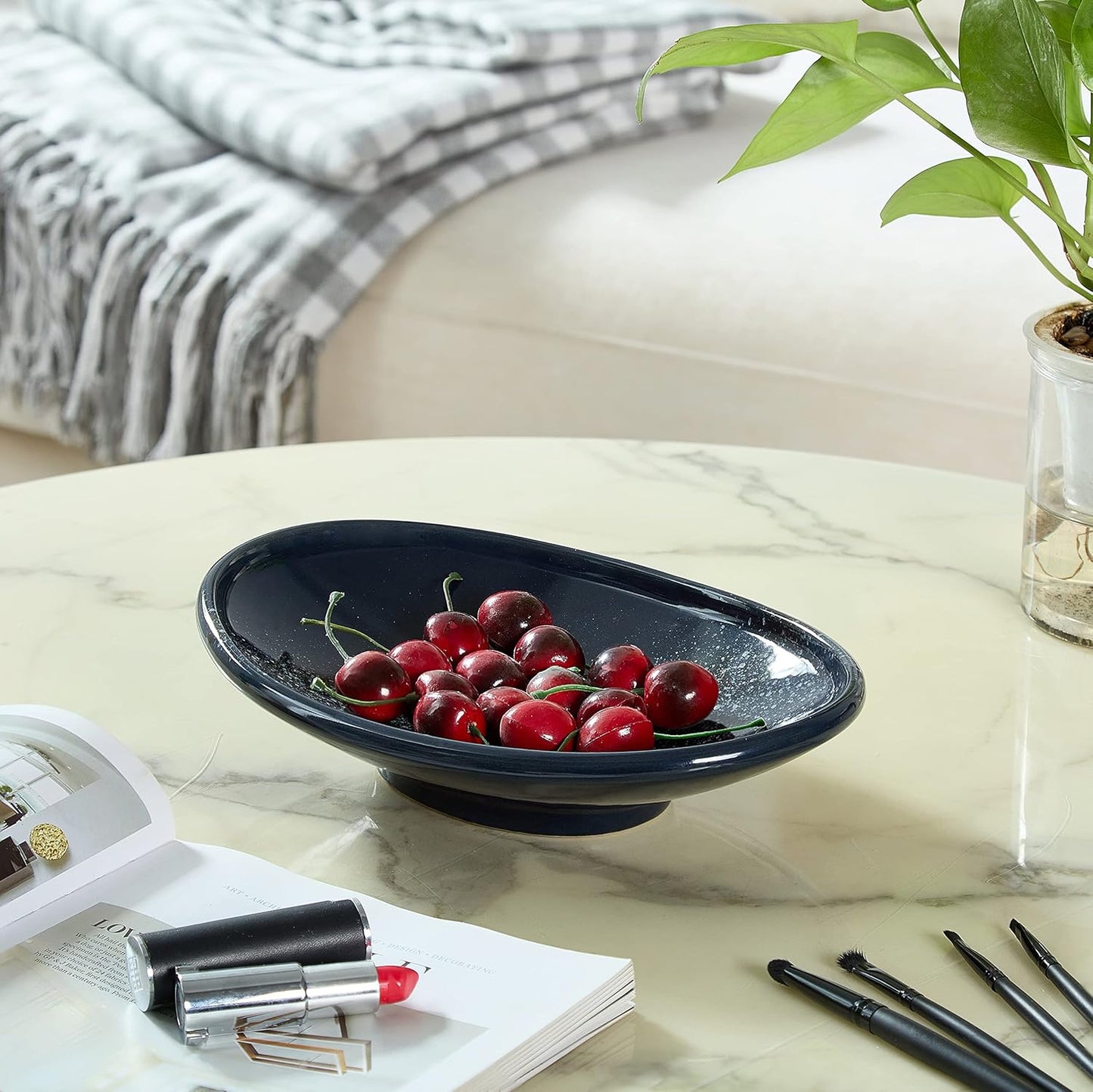 Oval Ceramic Decorative Bowl, Key Dish for Entryway Table, Small Home Decor Accent, Trinket Tray for Office Home Decor Gift (10'' Starrysky Blue with Glaze Layer)