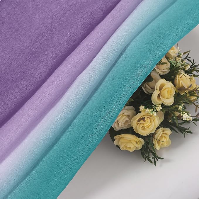 DWCN Ombre Sheer Curtains - Faux Linen Semi Voile Grommet Top Gradient Curtains for Bedroom and Living Room, Set of 2 Window Curtain Panels, 52 x 84 Inch Length（Teal and Purple