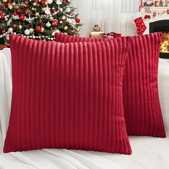 Simmore Decorative Fall Throw Pillow Covers 22x22 Set of 2, Soft Natural Plush Flannel Double-Sided Fluffy Couch Euro Sham Pillow Covers for Sofa Living Room, Red