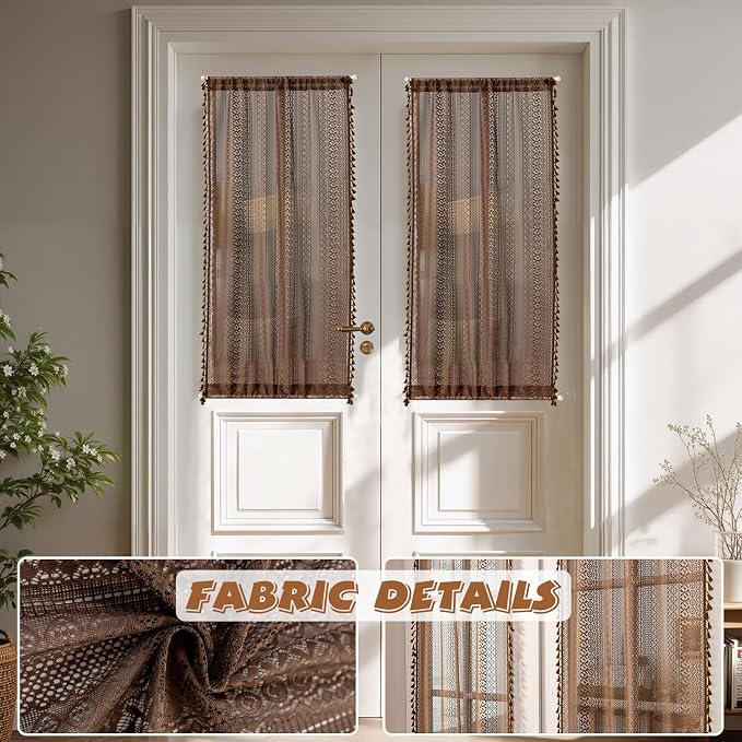 Sutuo Home Caramel Door Window Curtains for Drapery Glass & Sidelights, Boho French Country Style Tassels Vintage Drapes for Front Door Patio Decor, Rod Pocket 2 Panels 25" W x 40" L Dark Coffee