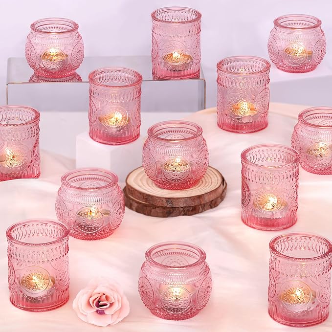 DARJEN 24Pcs Pink Votive Candle Holders- Glass Candle Holders Bulk for Flameless LED Tea Waxes, Romantic Candle Holder for Wedding Decor, Various Parties & Dinner Table