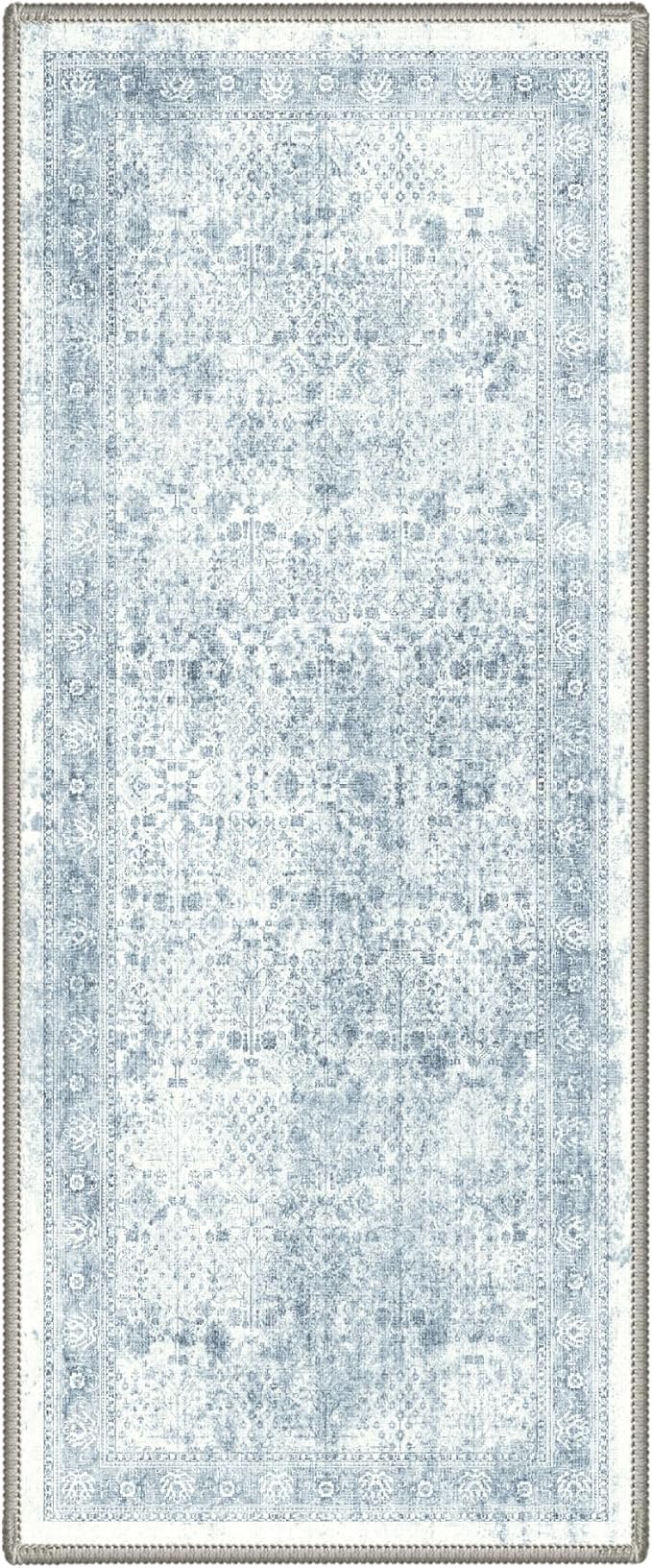 Bavni 2x5 Rug Runners for Hallways, Machine Washable Runner Rug Non Slip, Vintage Floral Print Style Rugs for Bedroom-Lightweight Low Pile Carpet for Hallways Bathroom, Blue