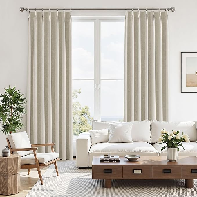 Linen Blackout Curtains 35 Inch Long for Bedroom & Living Room, Natural Drapes Pinch Pleat Noise Reducing Thermal Insulated Room Darkening Black Out Curtain 2 Panels Set with Back Tab