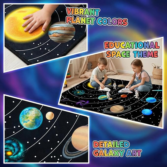 Outer Space Rug for Boys Room,3'×5' Space Rug for Kids Bedroom with Solar System Theme,Educational Planet Carpet for Playroom and Classroom Decor