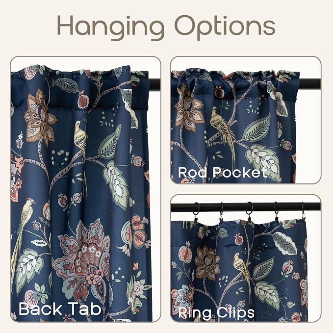 90 Inch Navy Blue Floral Patterned Blackout Curtains, Print Back Tab Curtains for Living Room Bedroom, 2 Panel Set, 50x90 in Long