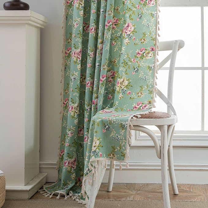 OYX Floral 84 Inch Curtains for Living Room Green Drapes Bedroom Semi Sheer Rod Pocket Floor Length Window Curtains 2 Panel Sets Boho Farmhouse Vintage Light Filtering Window Treatments