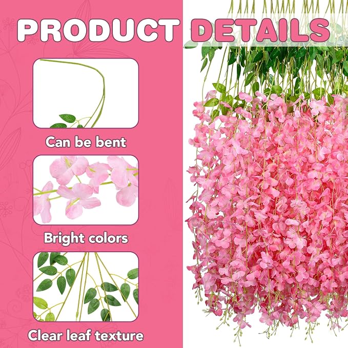 Alotiki Wisteria Hanging Flowers,Fake Hanging Flowers,Wisteria artificiales Garland for Home Wedding Arch Floral Party Garden Ceremony Outdoor Decor,3.6 feet Long(25,Pink)