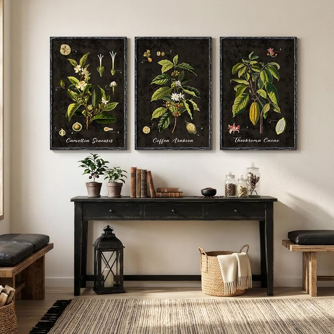 Large Vintage Framed Botanical Wall Art for Living Room, 3 Piece Dark Green Coffee Plant Canvas Prints Paintings, Retro Leaf Moody Pictures for Dining Room Coffee Bar Kitchen Wall Decor, 24x36 Inch