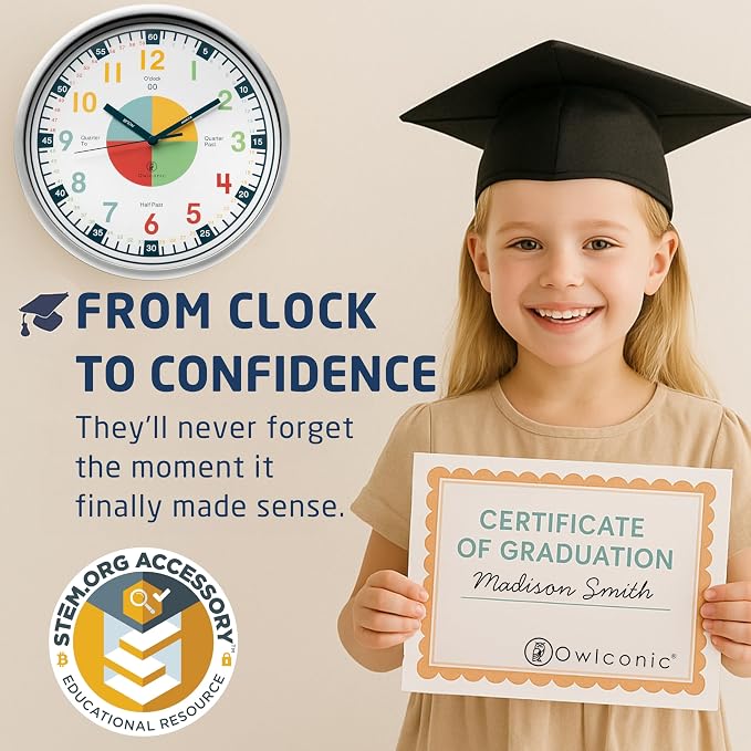 OWLCONIC Clock for Kids – Educational Analog Learning Wall Clock, Non Ticking Teaching Clock for Classroom & Homeschool, Silent Kids Bedroom Décor Multicolor