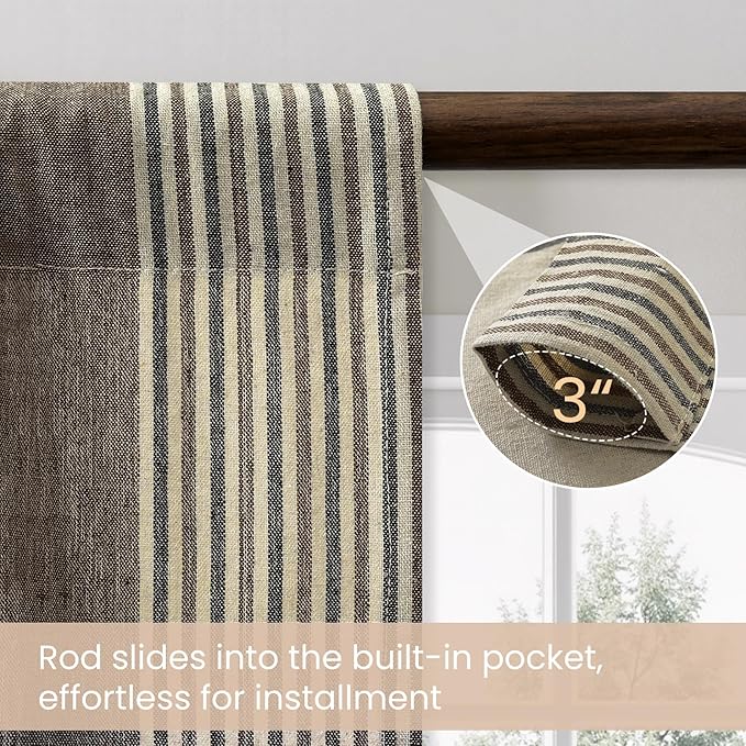 ColorBird Brown and Grey Striped Curtains 2 Panels Set, Modern Farmhouse Vintage Patterned Short Kitchen Curtain 63 Inches Length, Light Filtering Window Treatment Drapes for Living Room Bedroom