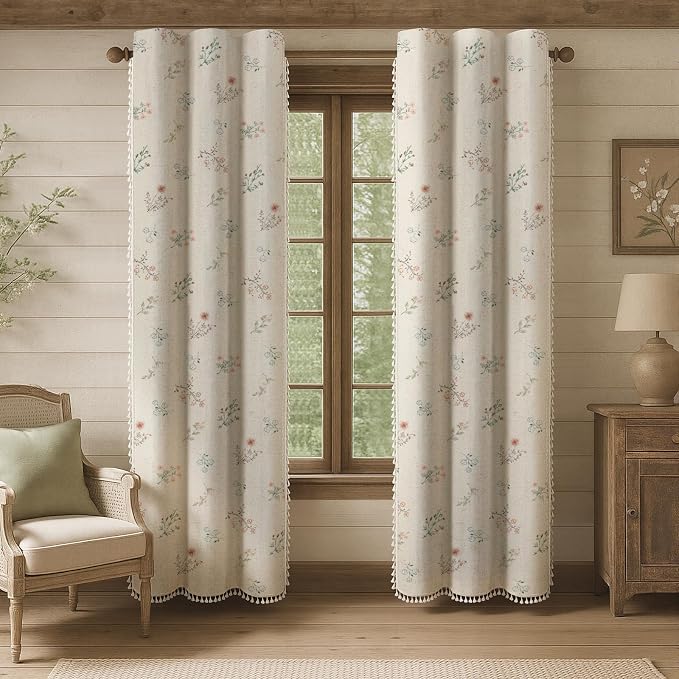 Boho Floral 100% Blackout Curtains for Bedroom 84 Inch Length 2 Panels Set, Linen Texture Farmhouse Curtains Beige Tassel for Living Room Vintage Rustic Patterned Printed Western Rod Pocket