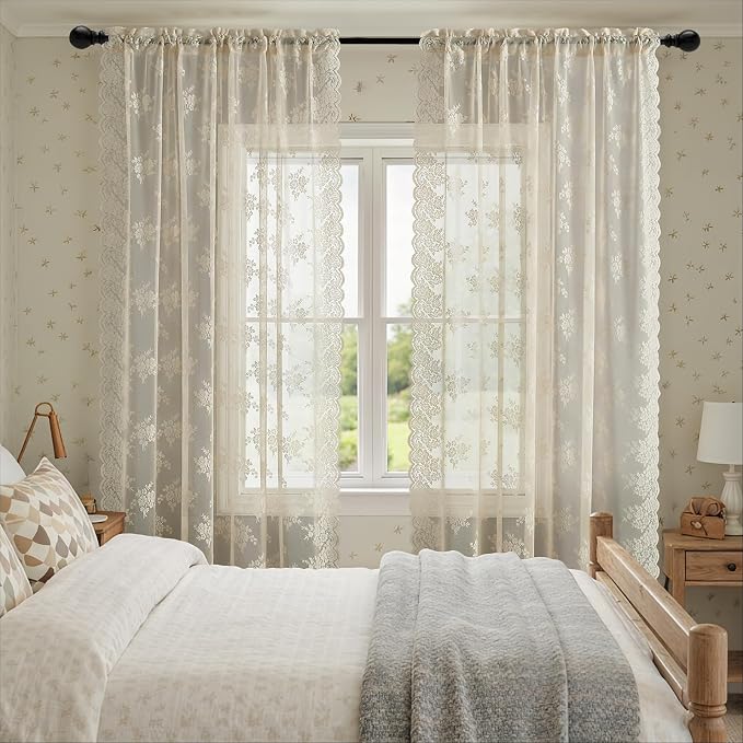 Kotile Beige Sheer Curtains 72 Inches Long, 2 Panels Country Rustic Floral Vintage Beige Sheer Lace Curtains for Living Room, Rod Pocket Privacy Light Filtering Window Curtain Drapes, 52 x 72 Inch