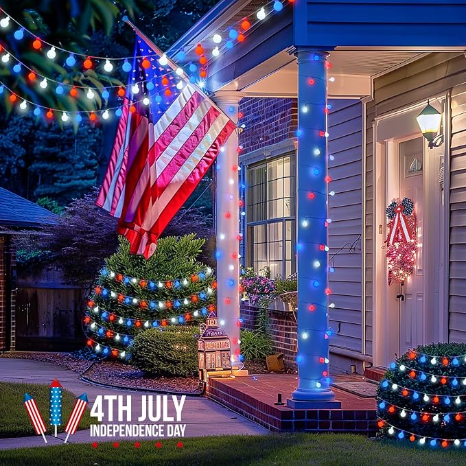 JMEXSUSS Connectable 33ft 100 LED Red White and Blue Lights Indoor Outdoor | 4th of July Decorations Light Plug in, 8 Modes Globe String Lights with Remote for Independence Day Party Patriotic Decor