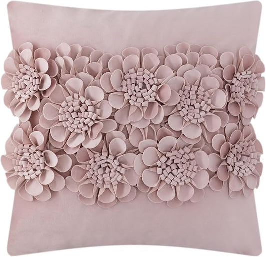 JWH Handmade 3D Flower Throw Pillow Covers Aesthetic Decorative Floral Accent Pillow Cases Stereo Velvet Pillowcase Cute Cushion for Car Bed Couch Bedroom Decor 18x18 Inch Dusty Pink