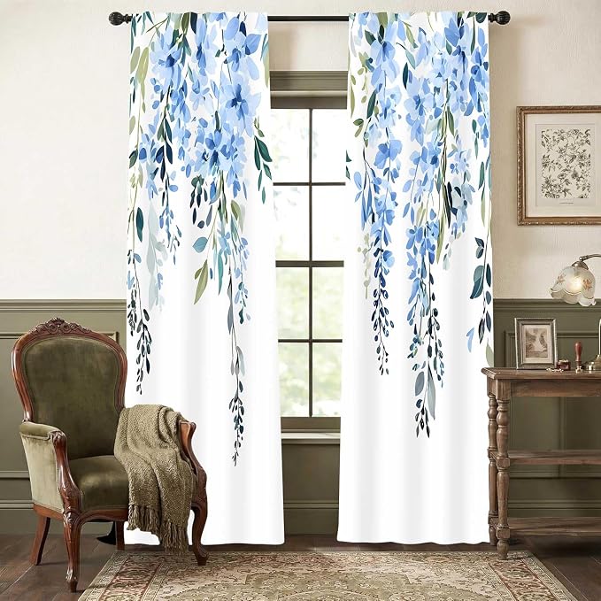 Blue Watercolor Floral Curtains, Botanical Leaves Vine Flowers Curtain, Rustic Farmhouse Flower Leaf Blackout Window Treatment Drapes for Bedroom Living Room 52x72 inch, 2 Panels