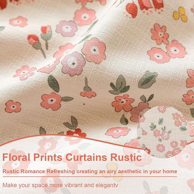 OYX Pink Boho Farmhouse Floral Curtains 63 Inch Long 2 Panels For Living Room, Flower Girl Bedroom Light Filtering Drapes, Vintage Country French Patterned Rod Pocket Aesthetic Decor Window Treatments