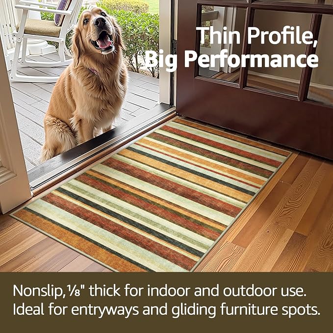 jinchan 2x3 Striped Rug for Entryway Washable Kitchen Rug Small Mat Non Slip Indoor Doormat Lightweight Low-Profile Decor Throw Carpet for Entrance Bathroom Laundry Room, Caramel Dusk