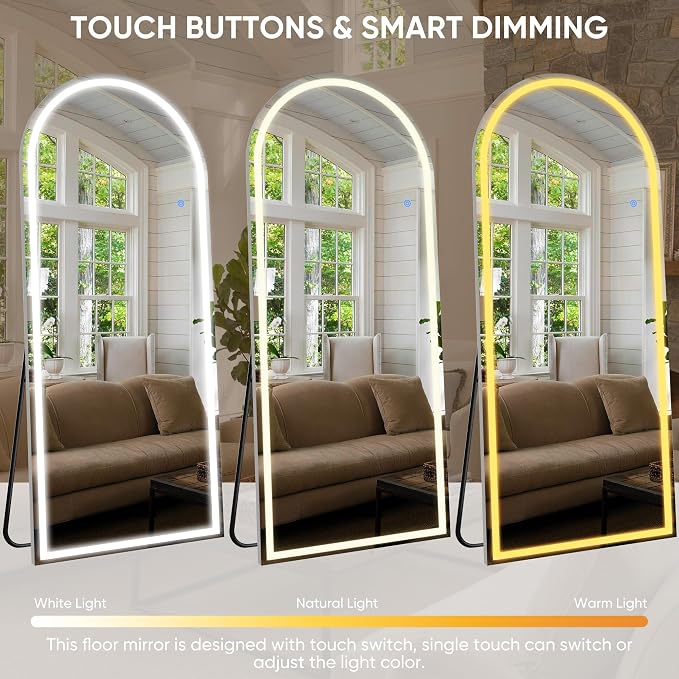 Antok LED Full Length Mirror with Light, 71"x28" Lighted Full Body Mirror with Stand, Dimmable & 3 Color Lighting Standing/Leaning/Wall Mounted Vanity Mirror for Bedroom Cloakroom Livingroom(Arched)
