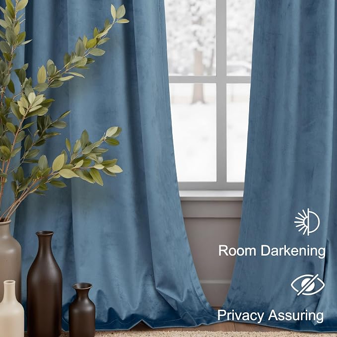 Dusty Blue Velvet Curtains 84 Inch Length 2 Panel Set for Living Room Modern Luxury Textured Thermal Darkening Long Drape Blocking Light Stone Blue Curtain for Bedroom Country Farmhouse Decor Back Tab