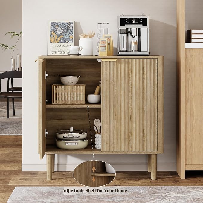 IKALIFE Sideboard Buffet Cabinet with Storage, Modern Fluted Accent Credenza with Doors & Adjustable Shelves, Wood Coffee Bar Console Table for Living Room, Dining Room, Kitchen or Entryway 31.5" Oak