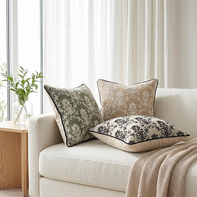 20x20 Inch Vintage Vine Floral Pillow Covers Set of 2, Large Woven Cushion Covers with Corded Piping and Velvet Back for Sofa Couch Living Room Decor, Olive Green
