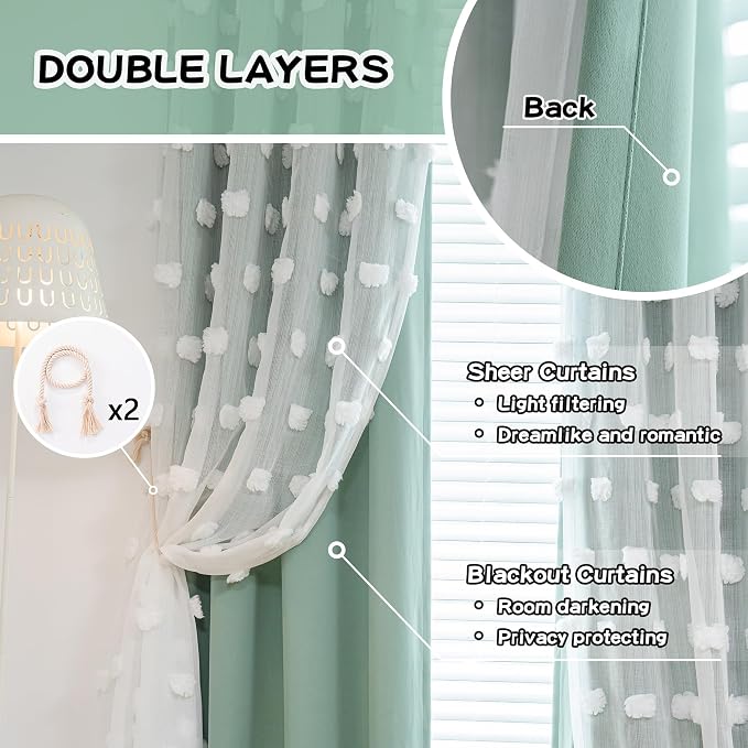 MYSKY HOME Room Darkening Curtains White Sheer Pom Pom Curtains for Living Room Aqua Blackout Curtains for Sliding Door Decor Drapes Double Layer Window Panels Boys Bedroom Grommet Set of 2 W52 X L95