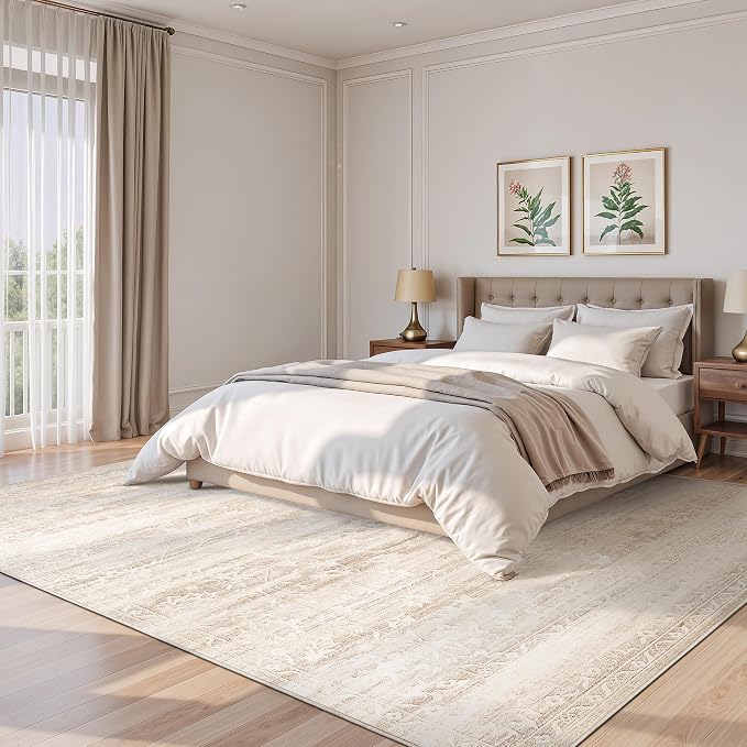 Soalmost 8x10 Area Rugs for Living Room, Washable Neutral Rug Beige Ivory | Vintage Floral Soft Stain Resistant Non-Slip Low Pile Thin Carpet for Dining Room Bedroom Kitchen Home Office Nursery 8'x10'