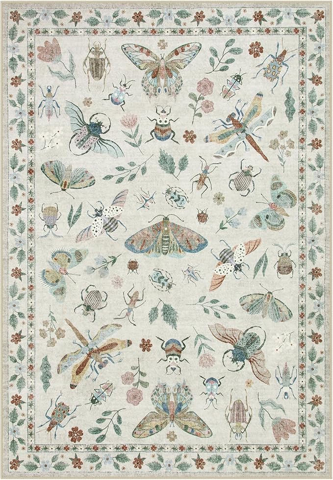 Lahome Insect 9x12 Area Rugs for Living Room Bedroom, Soft Washable Rugs 9x12 Stain Resistant, Ultra-Thin Non-Slip Dining Room Rug Non-Shedding Carpet for Office Vionnet(9x12ft,Beige)