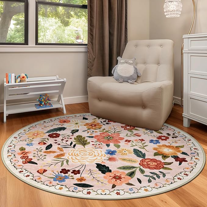 4ft Round Machine Washable Area Rug for Living Room, Beige Pink Vintage Boho Floral Rug Non-Slip Low Pile Soft Faux Wool Carpet Kids and Pets Friendly for Bedroom Nursery Farmhouse Home Decor Rug