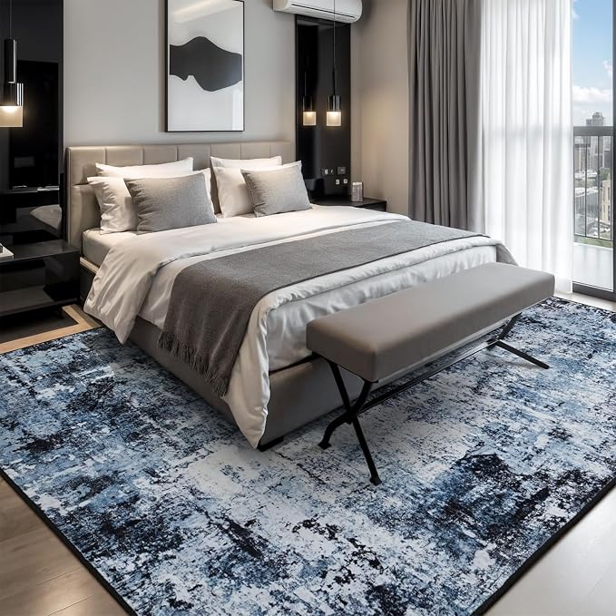 Rugflix 7x10 Area Rugs for Living Room, Washable Large Rug Stain-Resistant Low Pile, Modern Dark Carpet for Dining Room Home Office Kid Room Nursery Bedroom, Navy Blue/Black