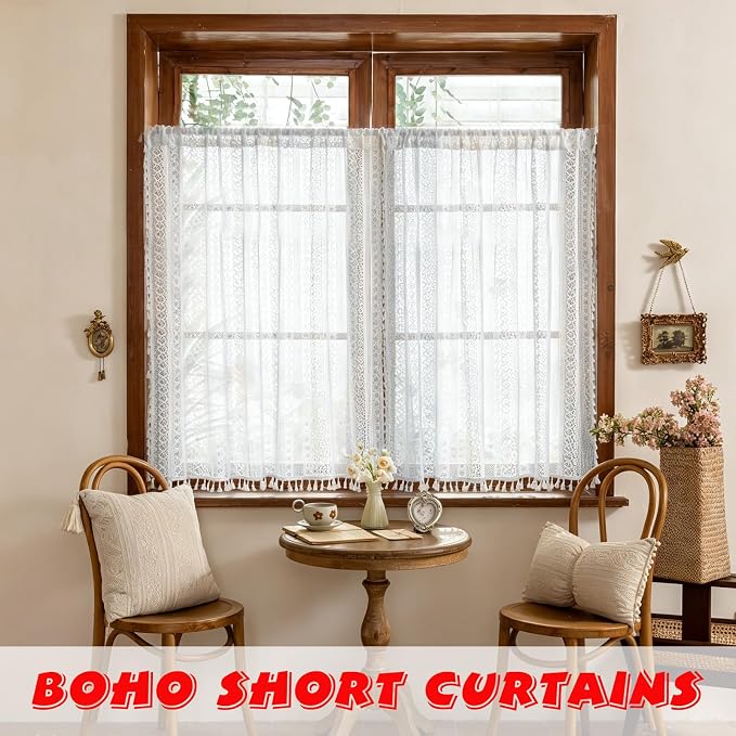 Sutuo Home White Boho Lace Curtains 45 Inches 2 Panels for Kitchen Cafe, Semi Sheer Ivory Curtains Small Window Drape Crochet Vintage Farmhouse Tassels Bohemian Privacy Cottagecore Rod Pocket, 50" W