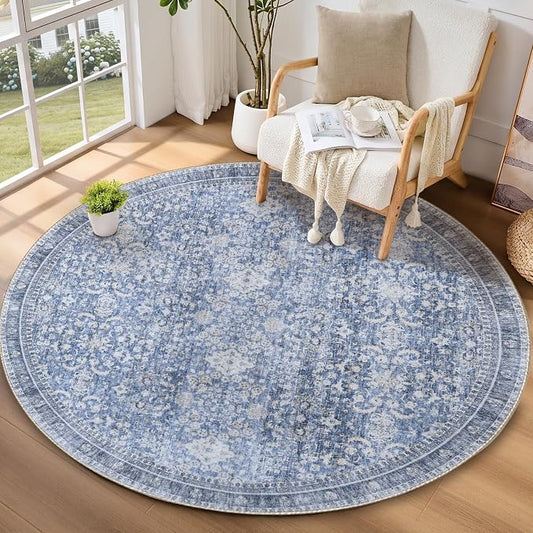 Sasttie Round Rugs 6ft, Ultra-Soft Washable Circle Rug, Low Pile Foldable Thin Carpets with Non-Slip Backing, Skin-Friendly Stain Resistant Carpet for Living Room, Bedroom, Kitchen, Dorm, 6ft, Blue