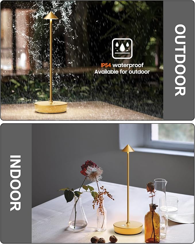 Cordless Table Lamps Rechargeable, 6000mAh Battery Operated LED Desk Lamp Outdoor Waterproof Portable Touch Dimmable Table Night Light for Patio Restaurant Dining Home Set of 2 Gold