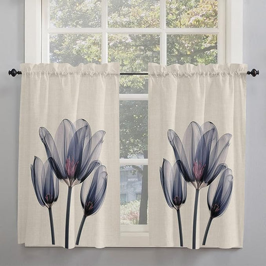 Kitchen Tier Curtains 45 inches Length,Abstract Transparent Blue Flower Tulip Cotton and Linen Texture Curtains for Living Room Bath,Rod Pocket Light Filter Drapes Half Window Treatment Tiers 2 Panels