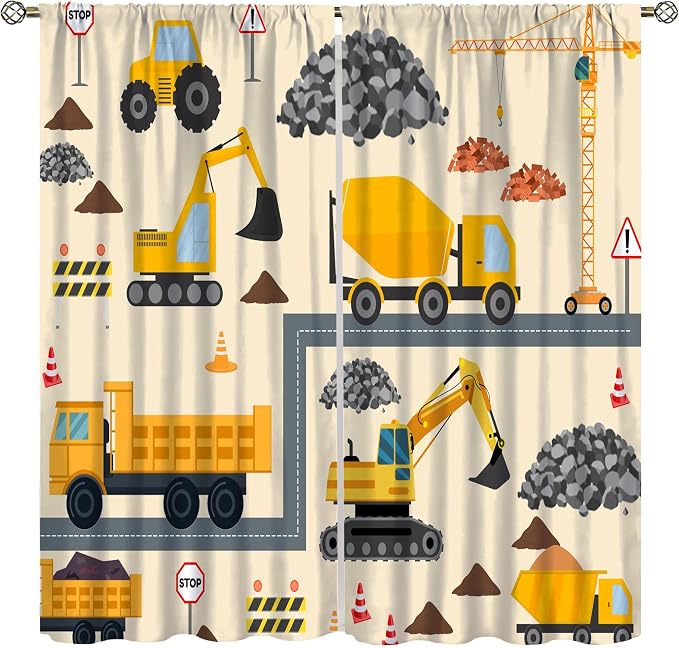 Cartoon Car Blackout Curtain,Boys Kids Construction Equipment Vehicles Excavator Window Curtains Dining Room Living Room Kitchen Cafe Bedroom Office Nursery Drapes Decor,42x45 in
