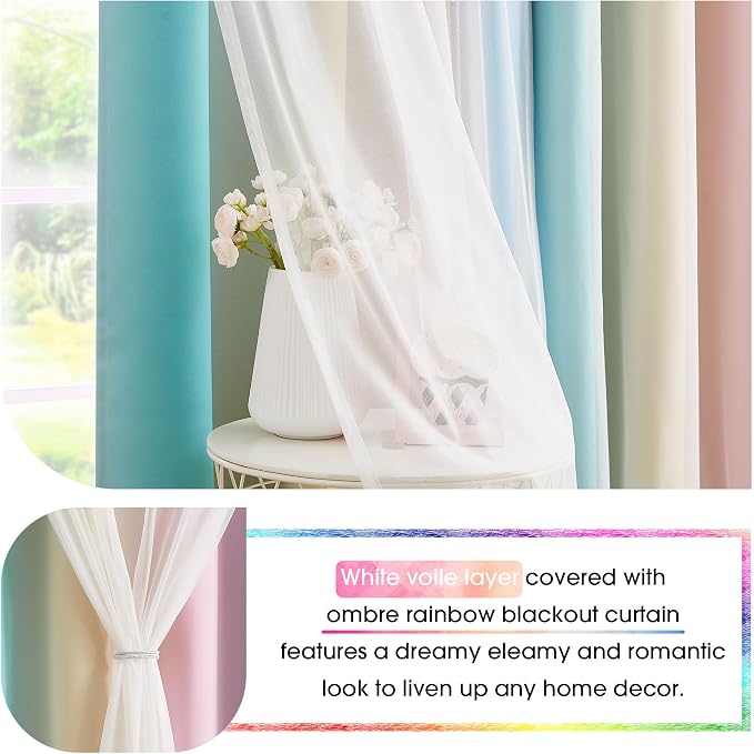 Rainbow Ombre 100% Blackout Curtains 72 Inches Long 2 Panels for Kids Bedroom Living Room Double Layer Sheer Overlay Mix & Match Grommet Thermal Insulated Soundproof Drapes with Tiebacks