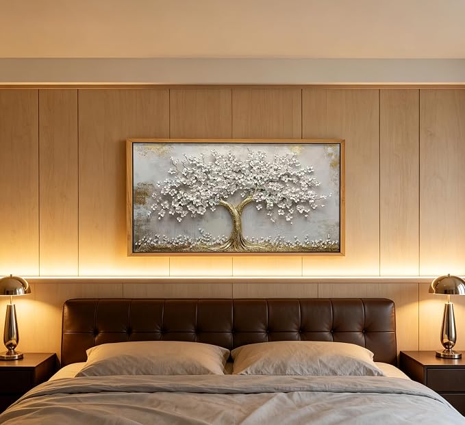 Framed 3D Texture Large Tree of Life Canvas Wall Art Gold and White Flower Big Tree Painting Picture Wall Decor Botanical Floral Poster Print Artwork for Living Room Dining Bedroom