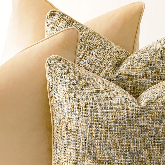 a moment Yellow 4 Pack Throw Pillow Covers - Chenille & Velvet Set with Piping, Farmhouse Textured Design Pillow Cases for Couch Sofa Bed Livingroom (22x22 Inch, No Insert)