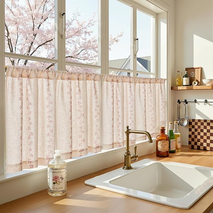 jinchan Katy Linen Floral Kitchen Curtains 24 Inches Length Stripe Cafe Curtains Farmhouse Cottagecore Tier Small Window Drapes for Living Room Light Filtering Rod Pocket 2 Panels Terracotta on Linen