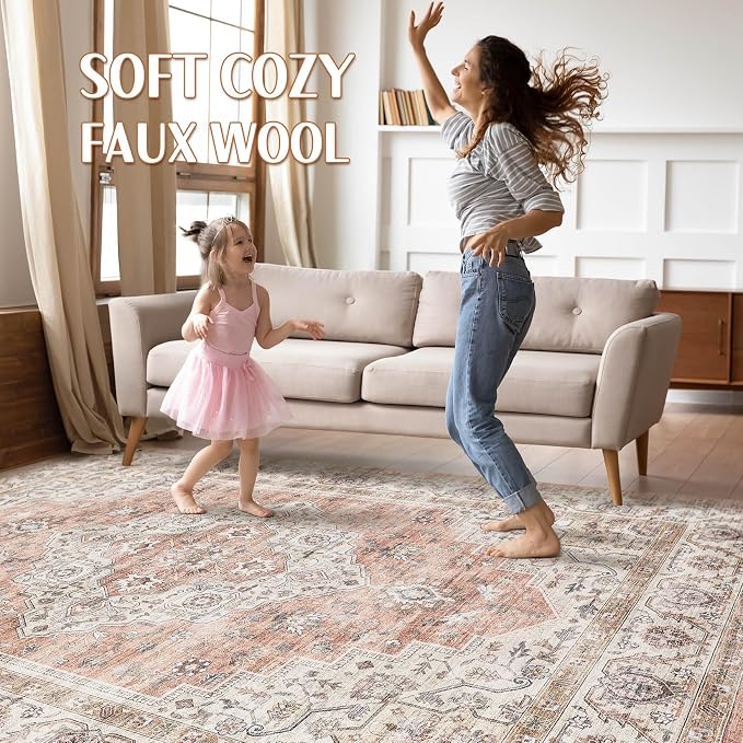 6x9 Area Rugs Living Room: Washable Boho Large Neutral Vintage Soft Rug Stain Resistant Farmhouse Non-Slip Indoor Floor Retro Carpet for Bedroom Nursery Kids Office Dining Room- Pink Brown