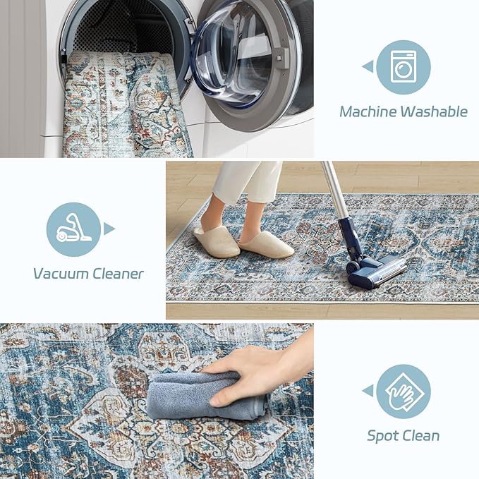Madane Washable Runner Rugs 2x12 Long for Hallway Kitchen Soft, Navy | Non-Slip Vintage Printed 12ft Rug Runners with Rubber Backing, Low-Pile Floor Carpet Laundry Room Entryway, Corridor