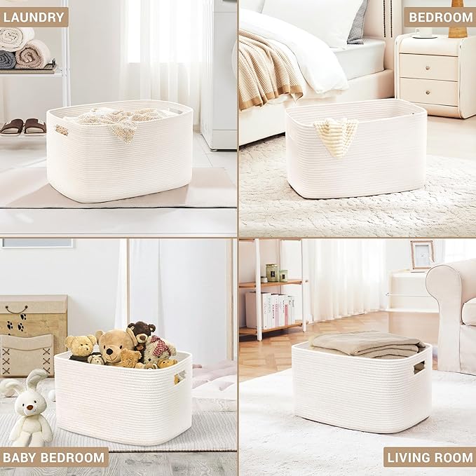 45L Small Baby Girls Laundry Basket for Nursery Storage,Cute Woven cotton Rope Baskets for Kids Toy，Gifts,Boho Square Wicker Blanket hamper for Living Room,Bedroom Dirty Clothes, White