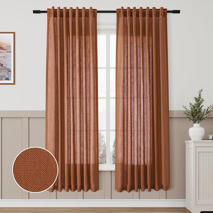 Aersas Terracotta Linen Textured Curtains 72 Inches Long for Living Room 2 Panel Set Back Tab Rod Pocket Semi Sheer Luxury Curtains Pleat Boho Window Curtain Decor for Dining Room Bedroom 52x72